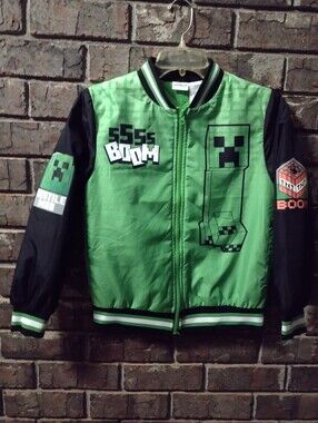 Minecraft Creeper Bomber Jacket Boys Size 10/12 Tall Green Quilted Lined Boom